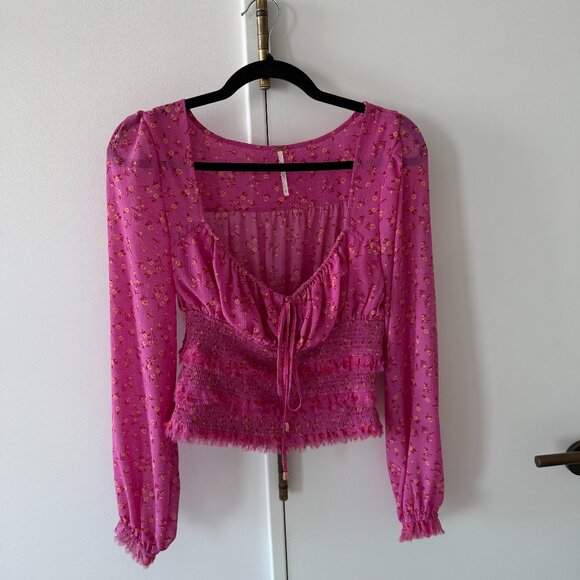 Free People Fuchsia Floral Long Sleeve Cropped Blouse - Picture 1 of 5